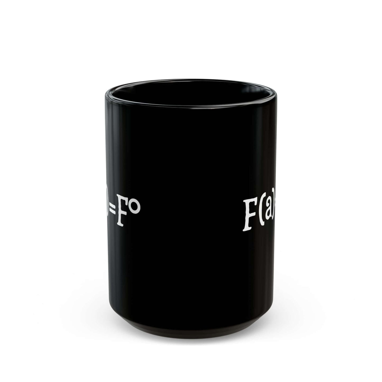 A black ceramic coffee mug featuring the witty “FAFO equation” design in white text. Front view