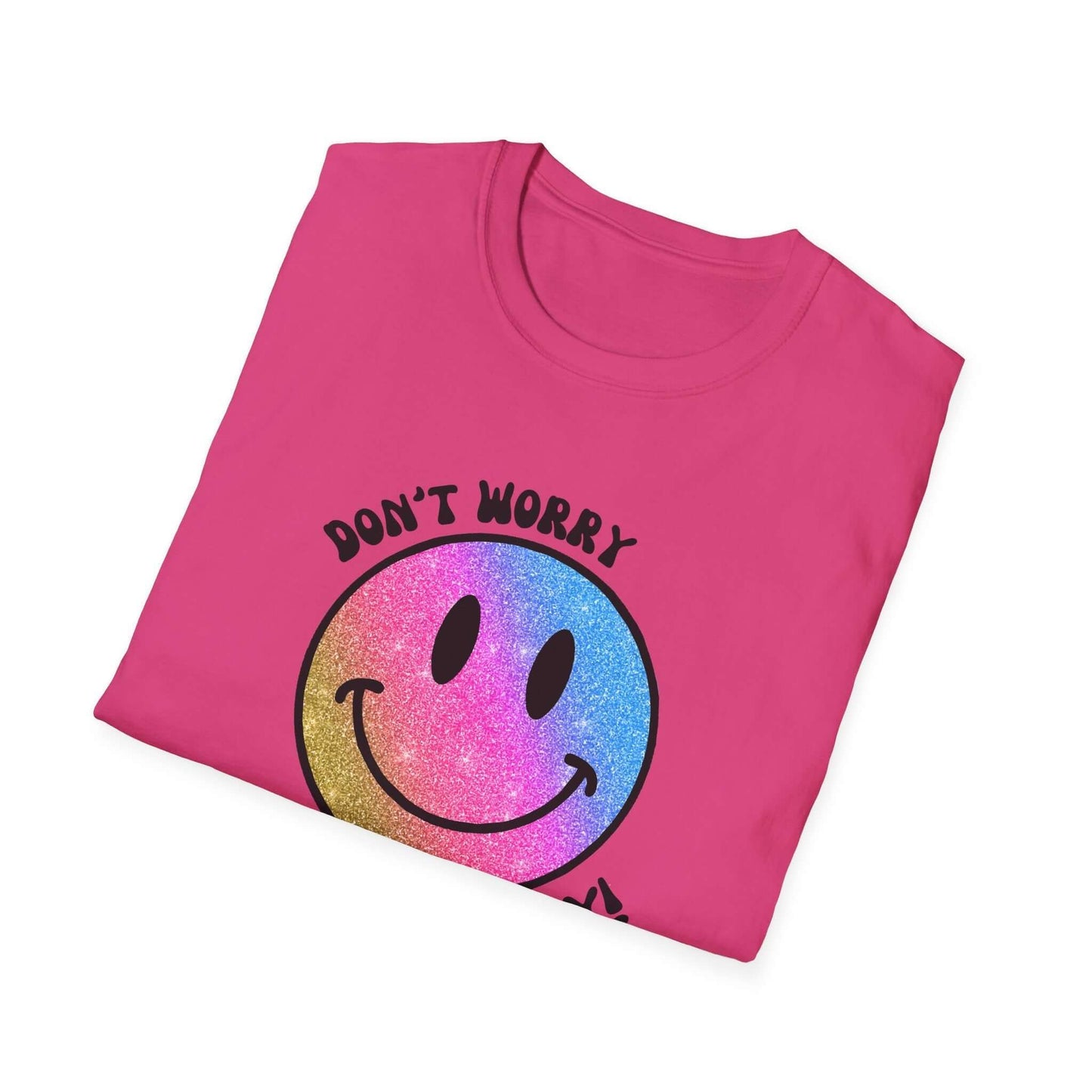 Don’t Worry, Be Happy! Rainbow Glitter Smiley Face Unisex Softstyle T-Shirt