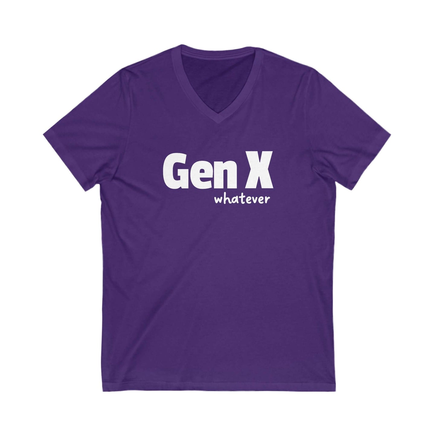 A purple v-neck t-shirt with the design Gen X whatever printed on it.