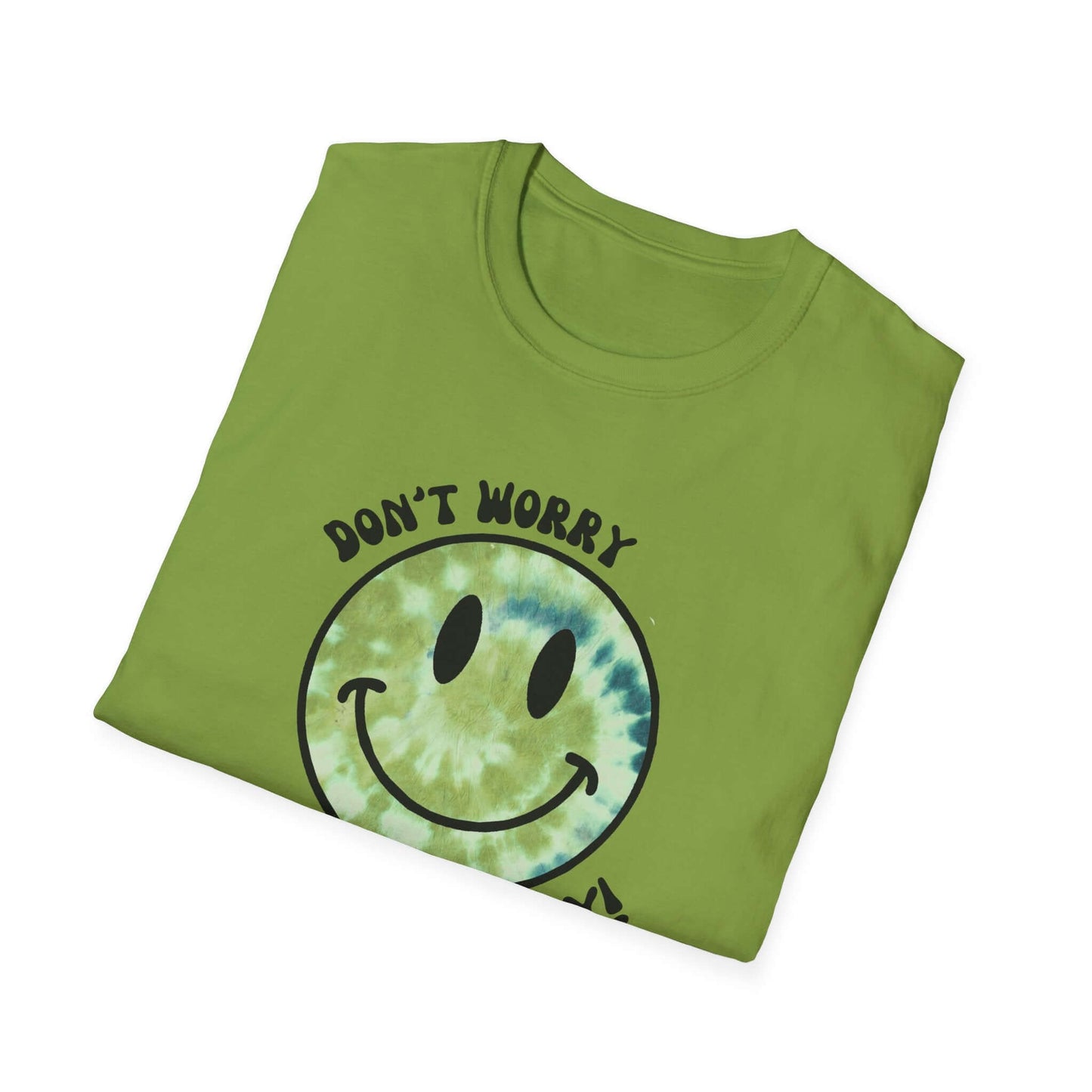 Don’t Worry, Be Happy! Green Tie-Dye Smiley Face Unisex Softstyle T-Shirt