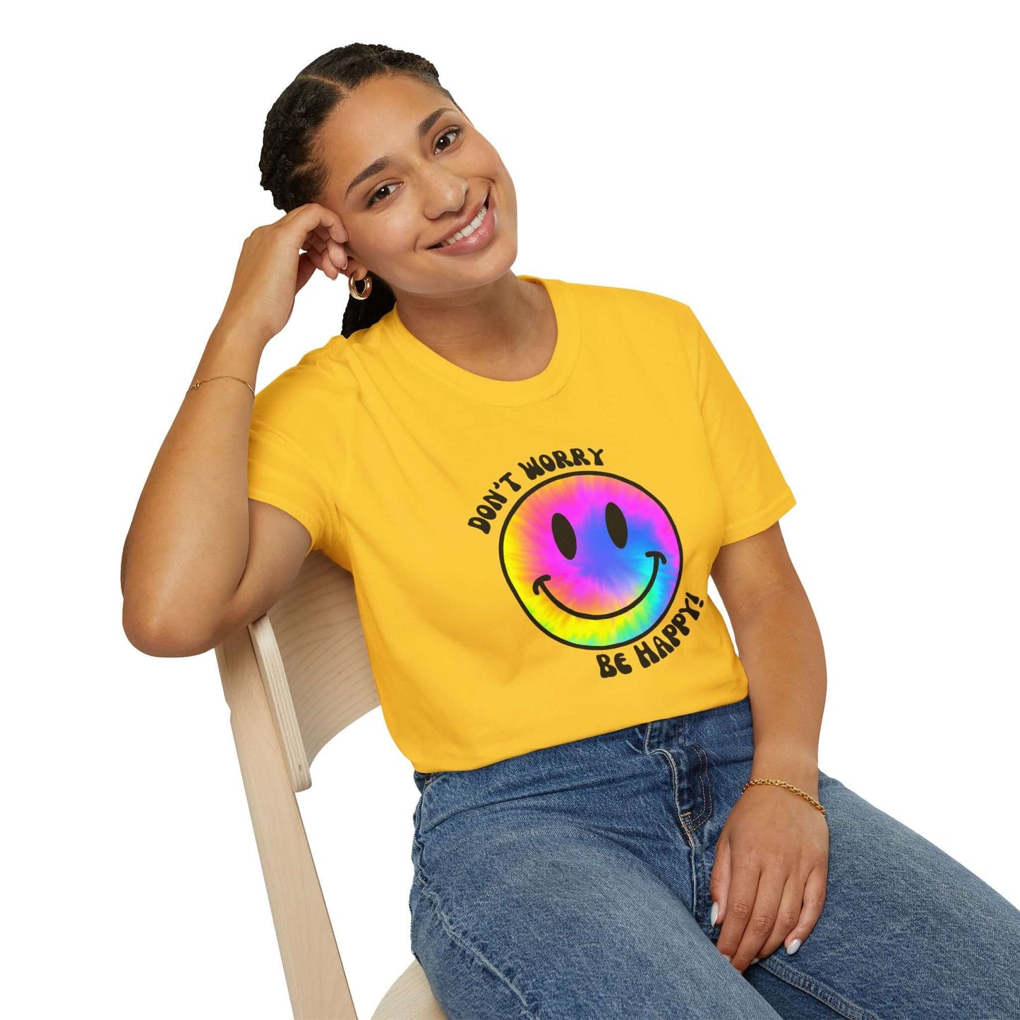 Don’t Worry, Be Happy! Rainbow Tie-Dye Smiley Face Unisex Softstyle T-Shirt