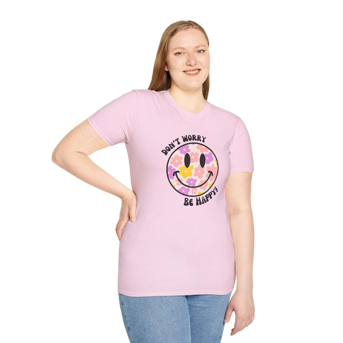Don’t Worry, Be Happy! Floral Daisy Smiley Face Unisex Softstyle T-Shirt
