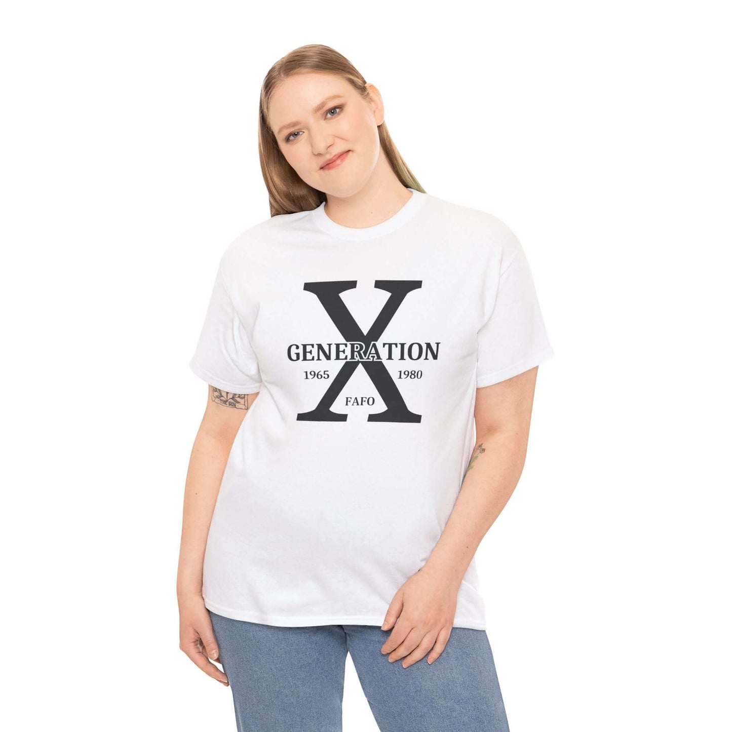 A woman with a relaxed expression wears a white t-shirt featuring a bold black “GENERATION X” design with “FAFO” underneath. The design is centered on the chest, embracing Gen X pride with a clean and minimalistic look.