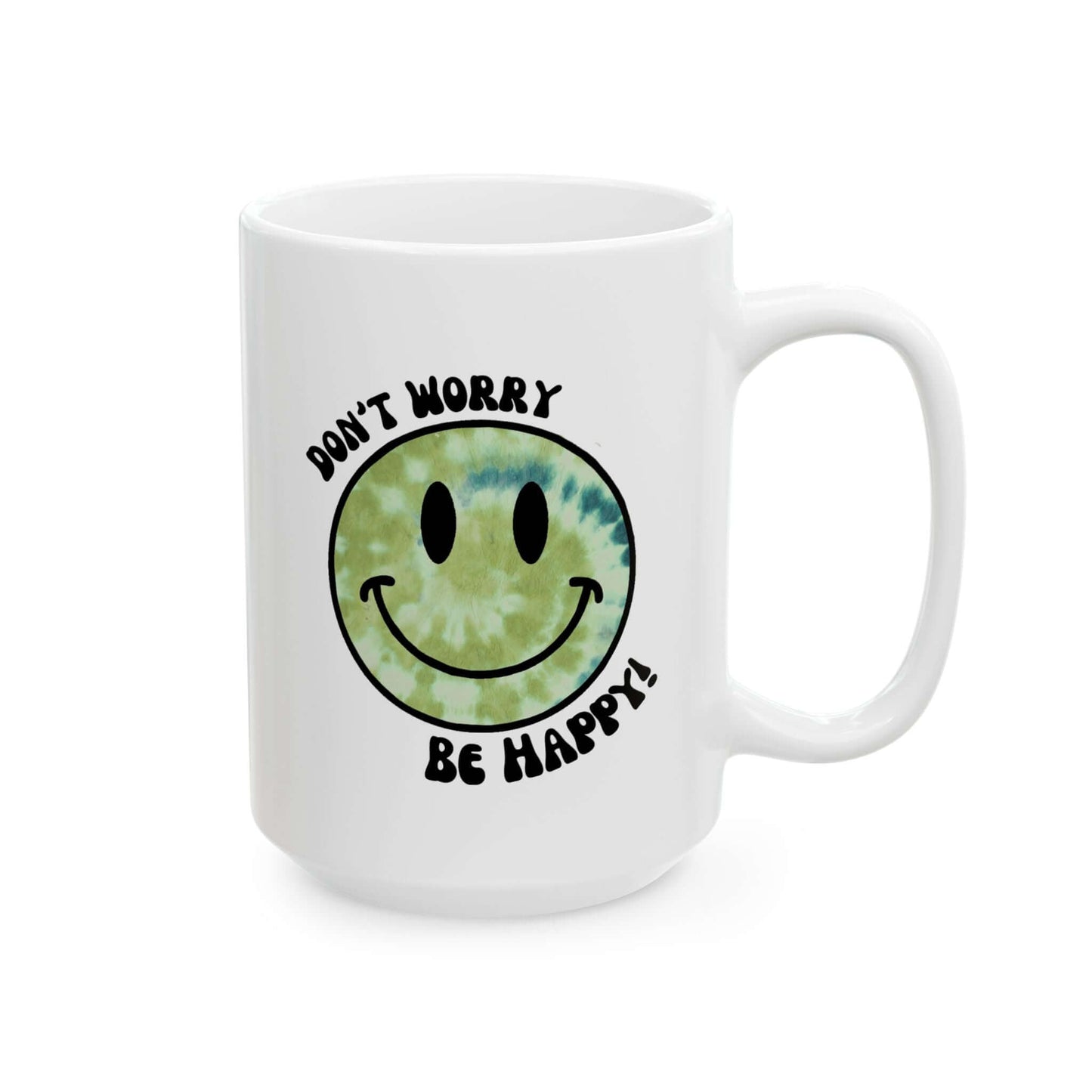 Don’t Worry, Be Happy! Green Tie-Dye Smiley Face Ceramic Mug, (11oz, 15oz)
