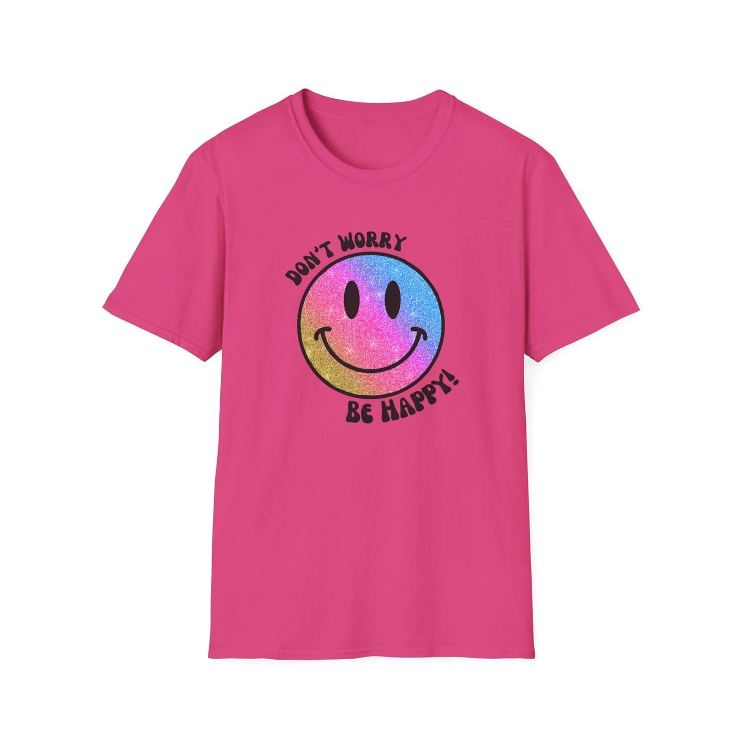 Don’t Worry, Be Happy! Rainbow Glitter Smiley Face Unisex Softstyle T-Shirt