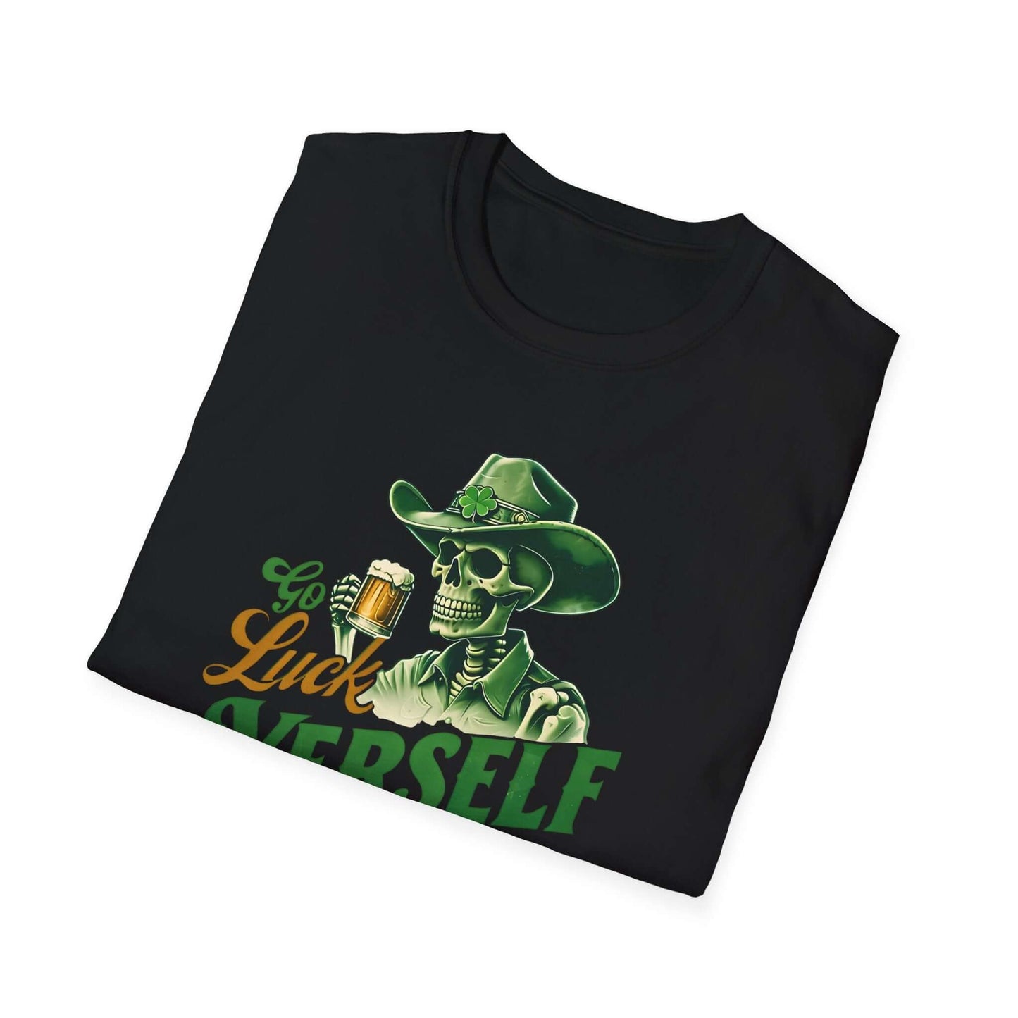 Go Luck Yerself Unisex Softstyle T-Shirt | St. Patrick’s Day Skeleton Cowboy Tee