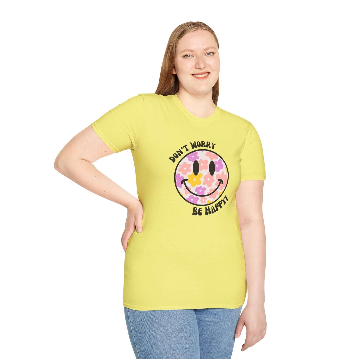 Don’t Worry, Be Happy! Floral Daisy Smiley Face Unisex Softstyle T-Shirt