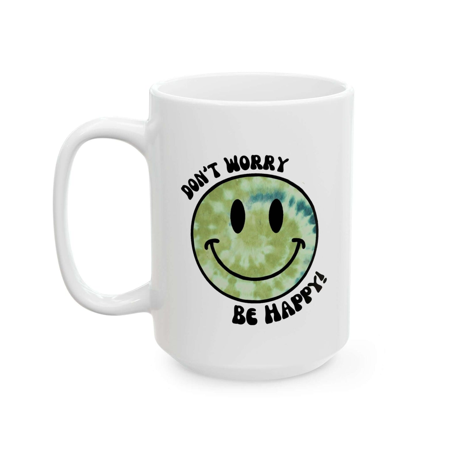 Don’t Worry, Be Happy! Green Tie-Dye Smiley Face Ceramic Mug, (11oz, 15oz)