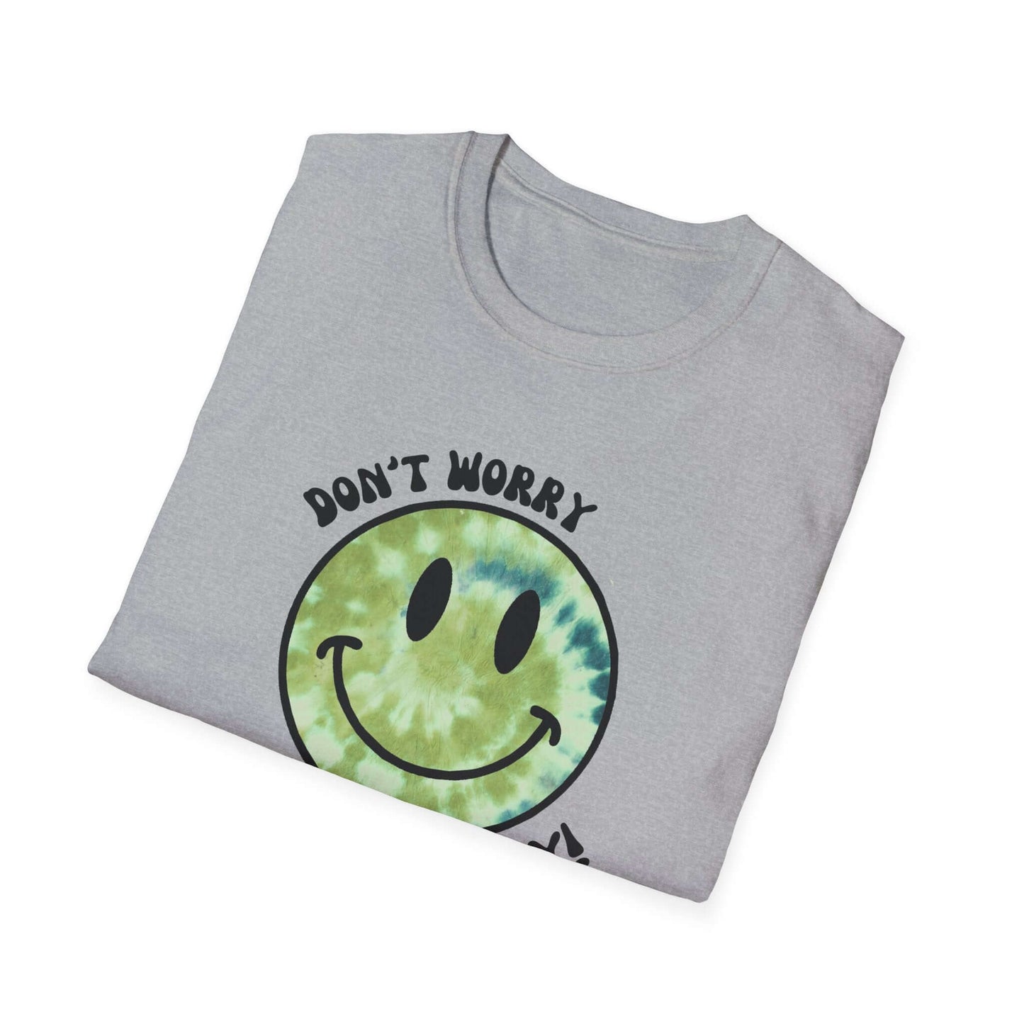 Don’t Worry, Be Happy! Green Tie-Dye Smiley Face Unisex Softstyle T-Shirt
