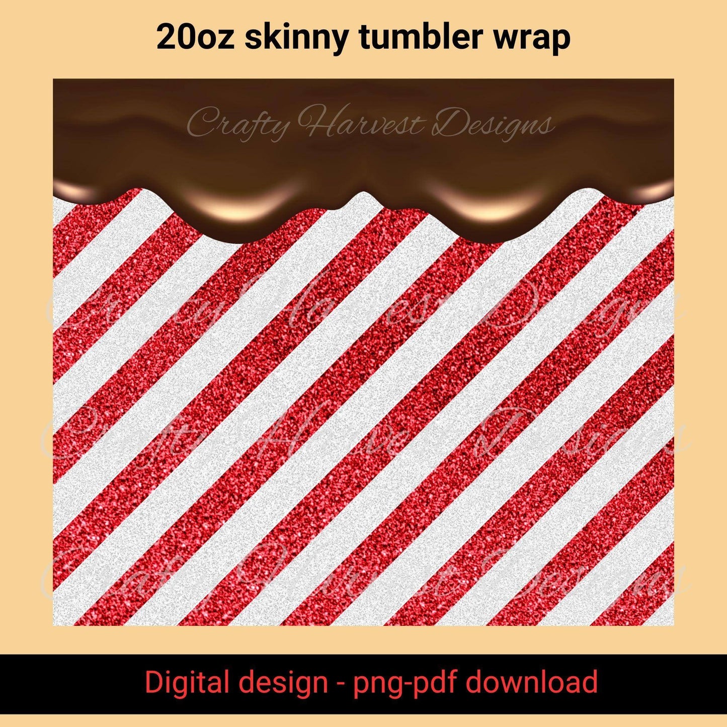 20oz Skinny Tumbler Wrap | Chocolate Drip & Candy Cane Stripes PNG - Crafty Harvest Designs