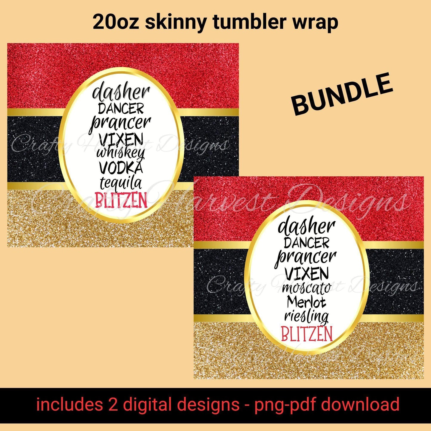 20oz Skinny Tumbler Wrap | Christmas Wine & Reindeer Names PNG - Crafty Harvest Designs