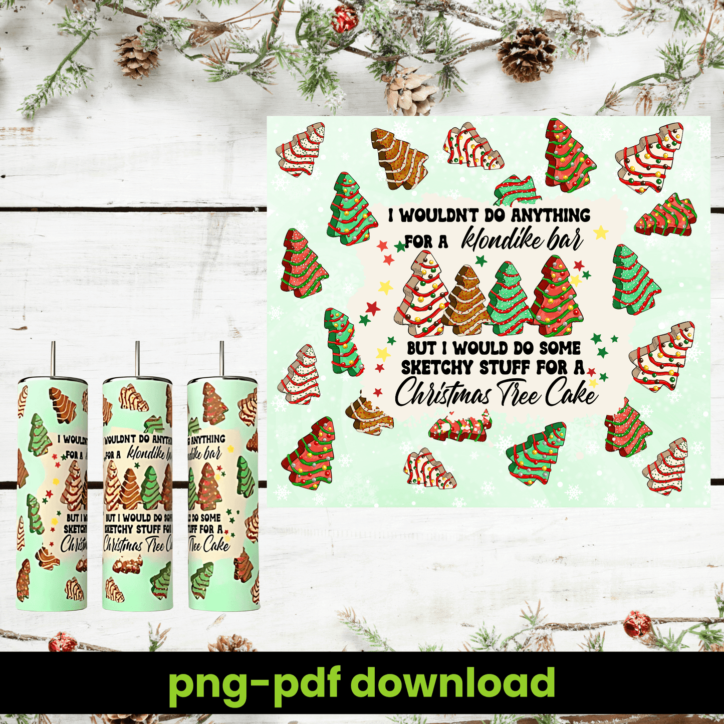 20oz Skinny Tumbler Wrap | Sketchy Christmas Tree Cake PNG - Crafty Harvest Designs
