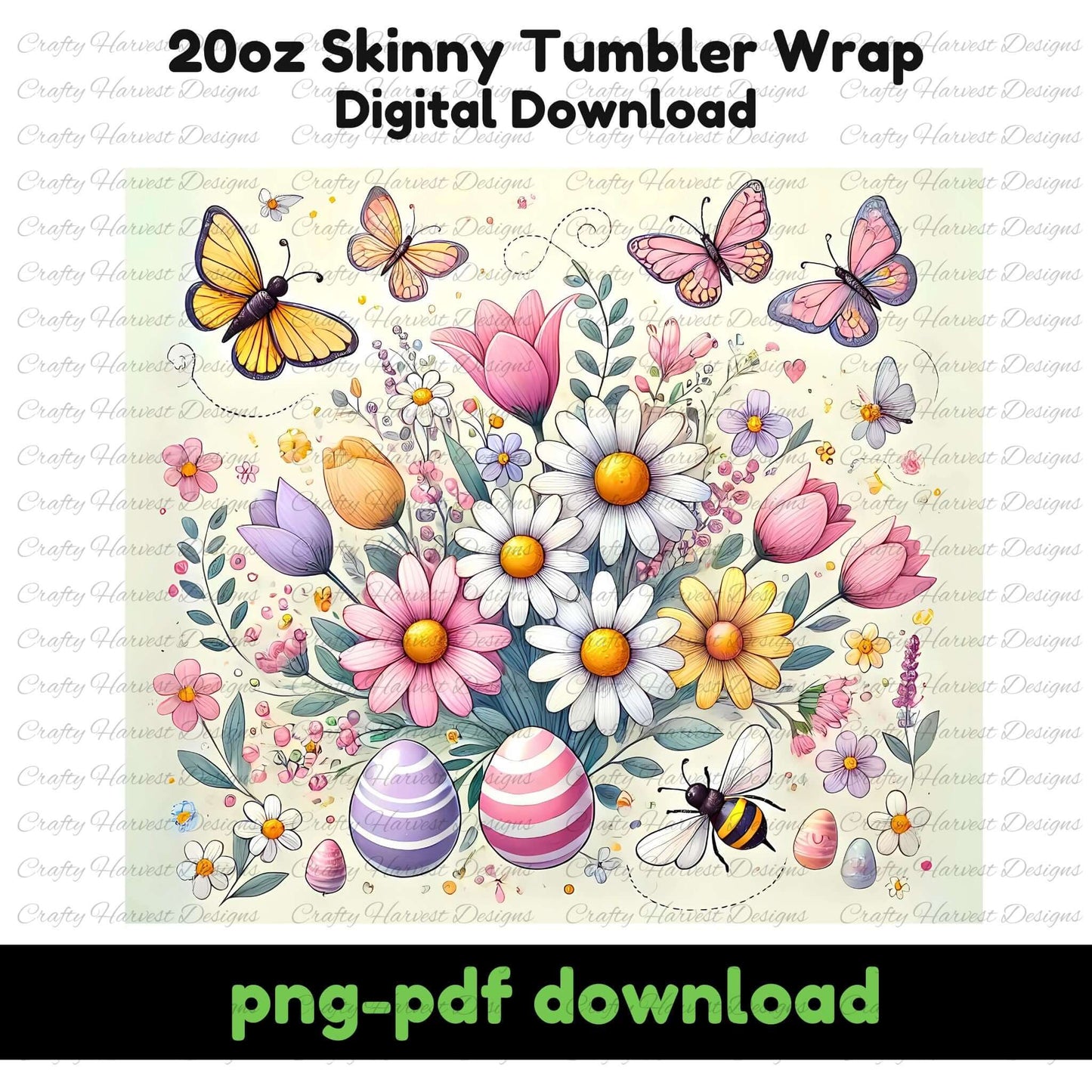 Vibrant Easter and spring-themed 20oz skinny tumbler wrap featuring pastel flowers, butterflies, and decorated eggs. Digital download in PNG and PDF formats, perfect for sublimation projects.