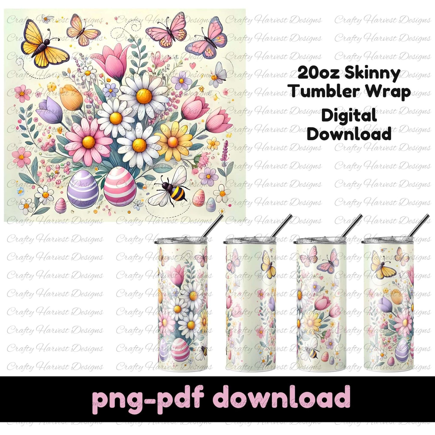 “20oz Skinny Tumbler Wrap featuring a vibrant Easter and spring design with pastel flowers, butterflies, and decorated eggs. This digital download includes PNG and PDF formats, perfect for sublimation projects