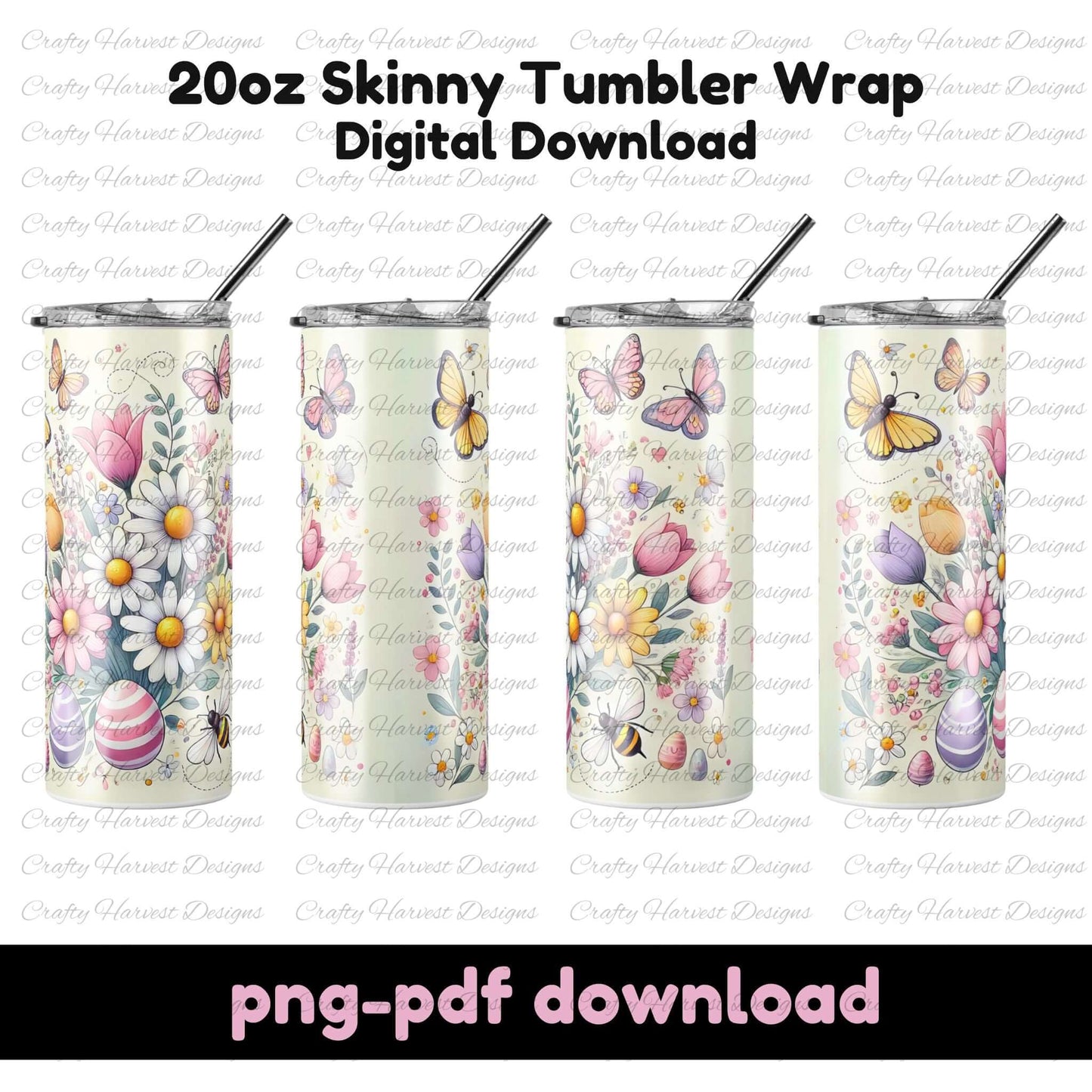 Side view of a 20oz skinny tumbler featuring a pastel Easter and spring-themed wrap. Design includes flowers, butterflies, and decorated eggs. Digital download in PNG and PDF formats for sublimation projects.