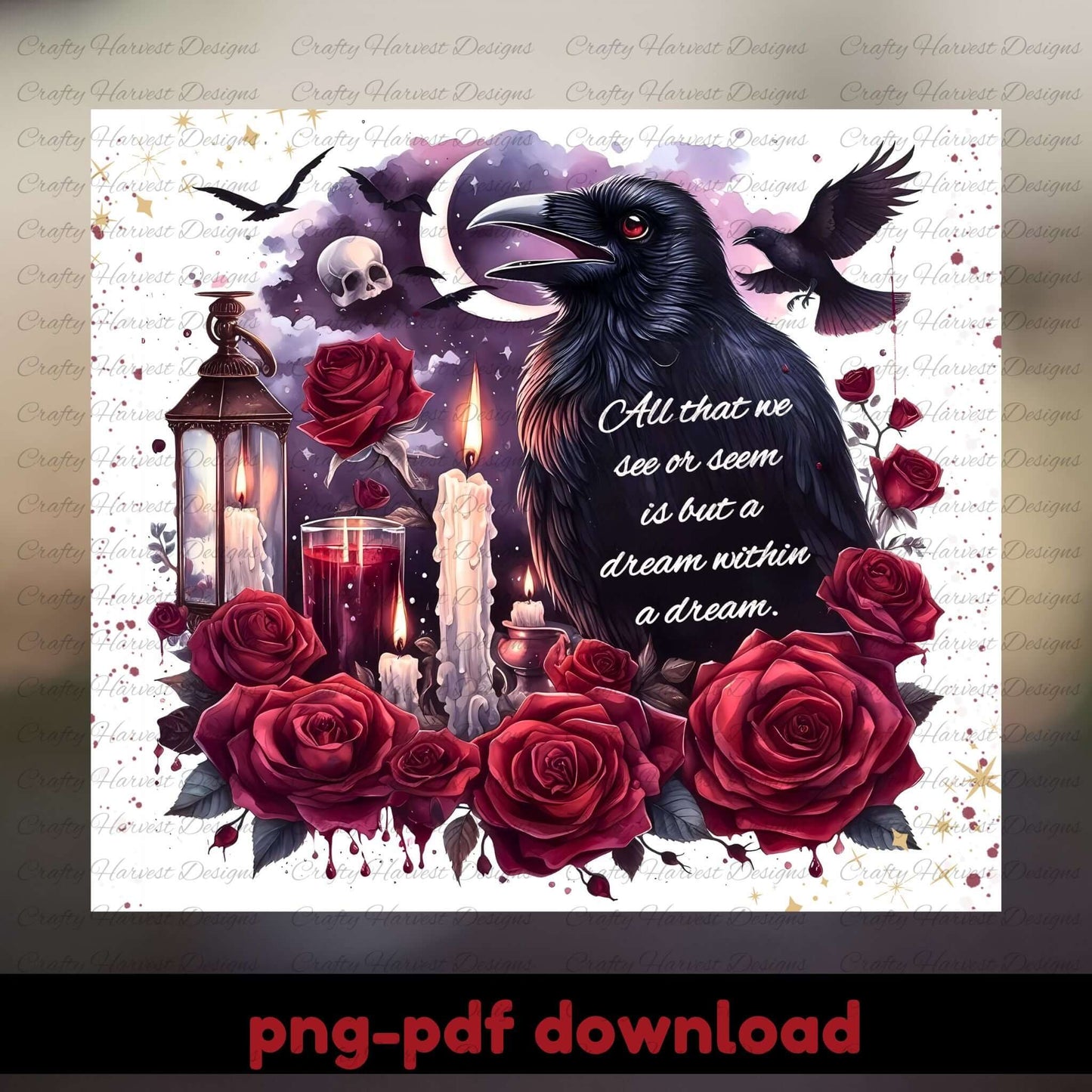 Gothic design with a crow, roses, candles, and a lantern on a dark background.