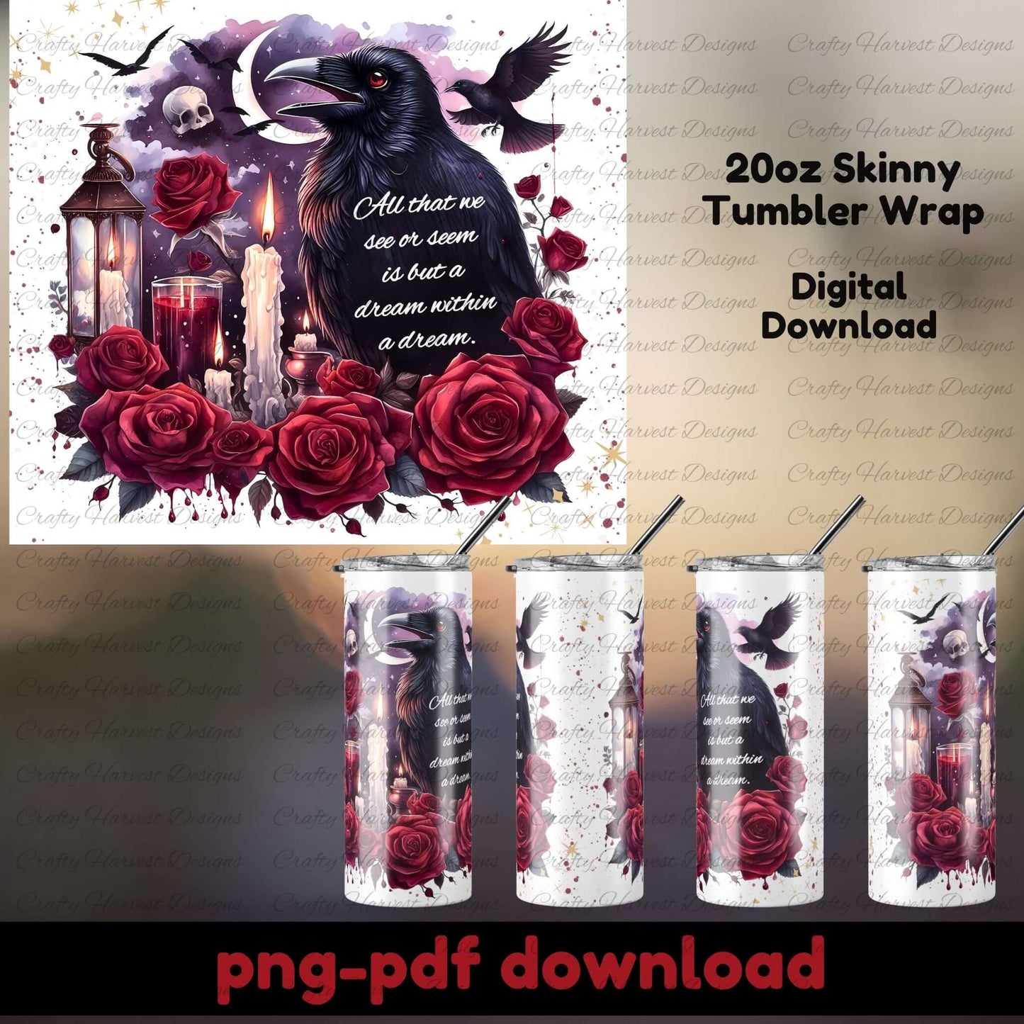 Digital download for a 20oz Skinny Tumbler wrap with a black crow, red roses, and candles design.