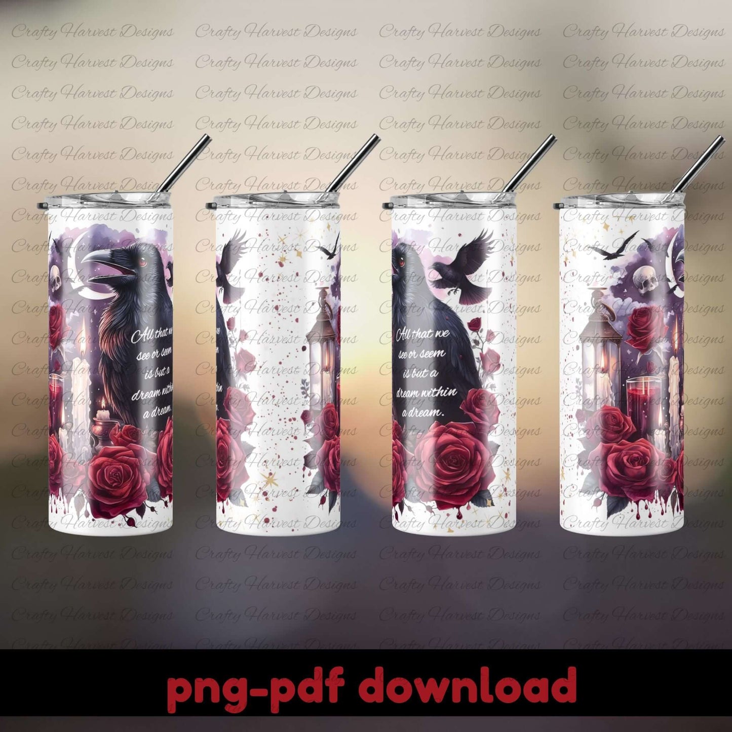 Four tumblers with floral and bird designs on a gray background, featuring the brand 'Crafty Harvest Designs'.