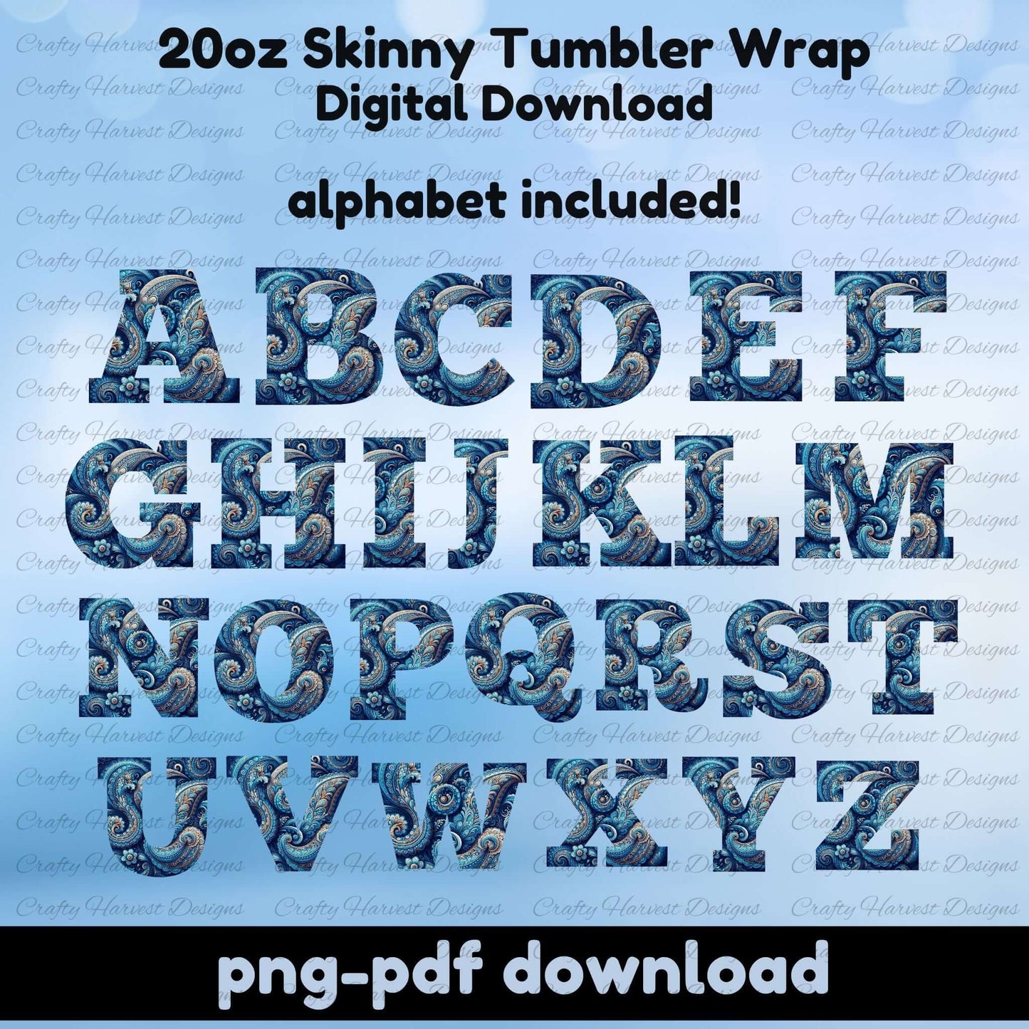 Blue paisley alphabet letters A–Z for personalized tumbler designs, PNG format