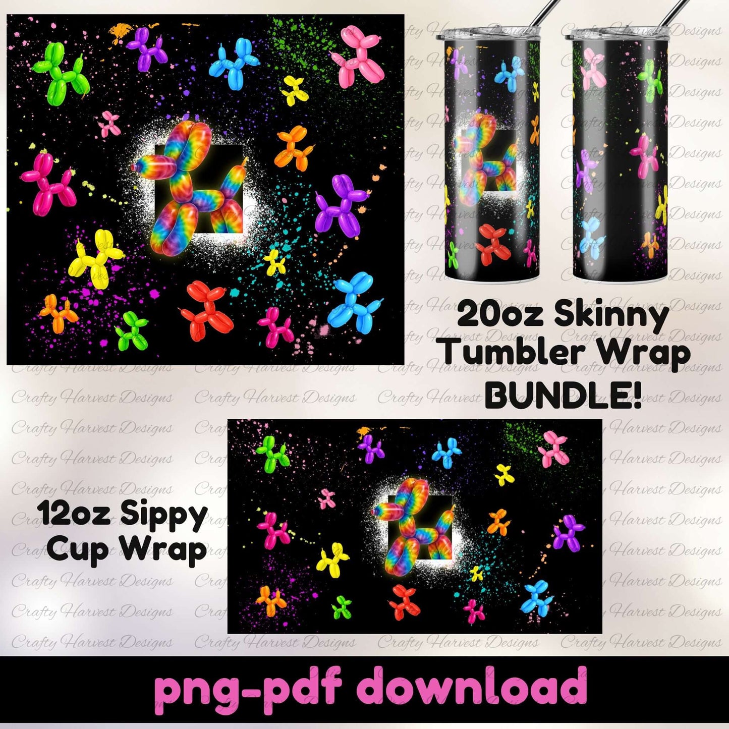 Colorful balloon animal design on tumblers and sippy cups with text indicating product bundle and file type.