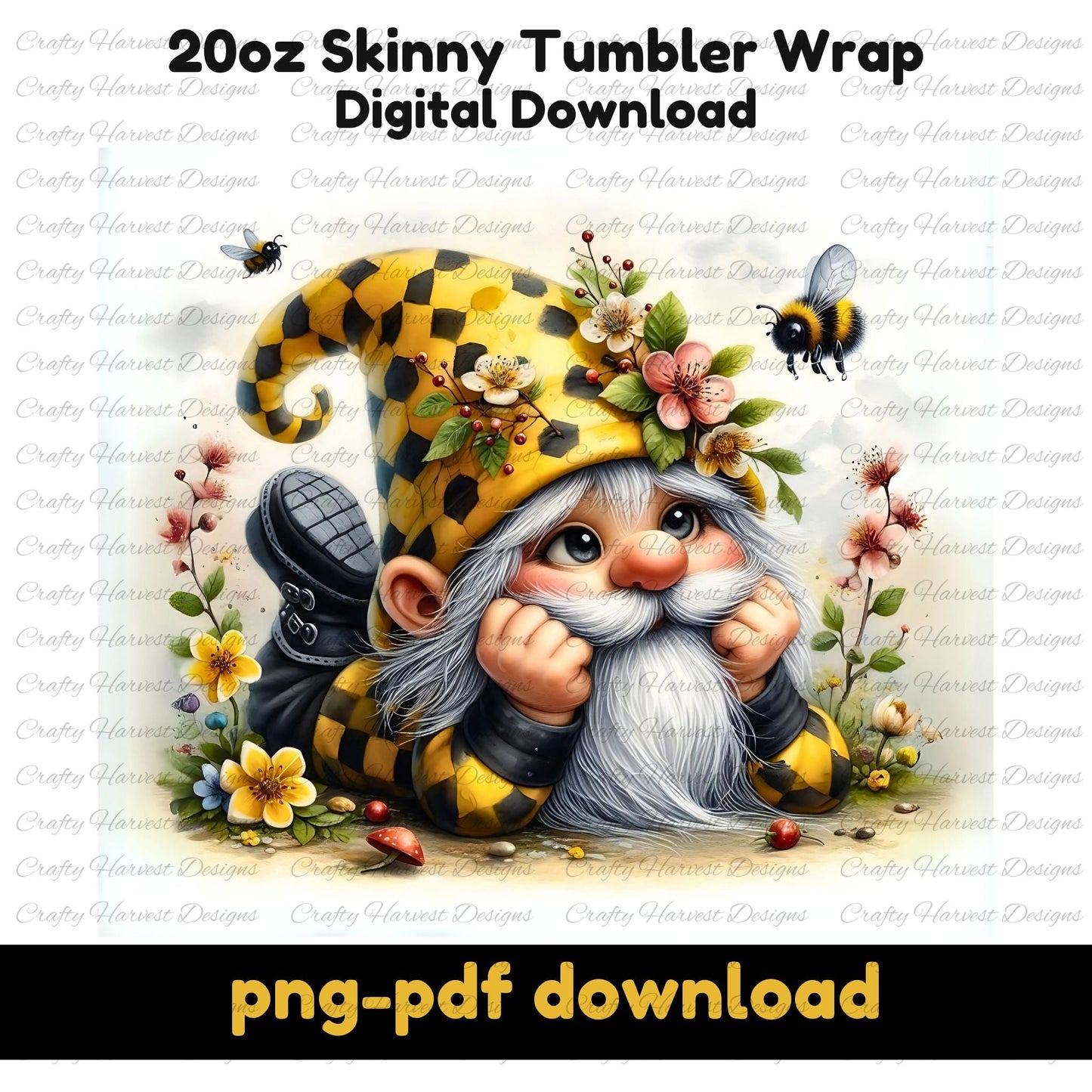 20oz skinny tumbler wrap design featuring a charming bee gnome with a yellow checkered hat, flowers, and bees. Includes ‘png-pdf download’ text.