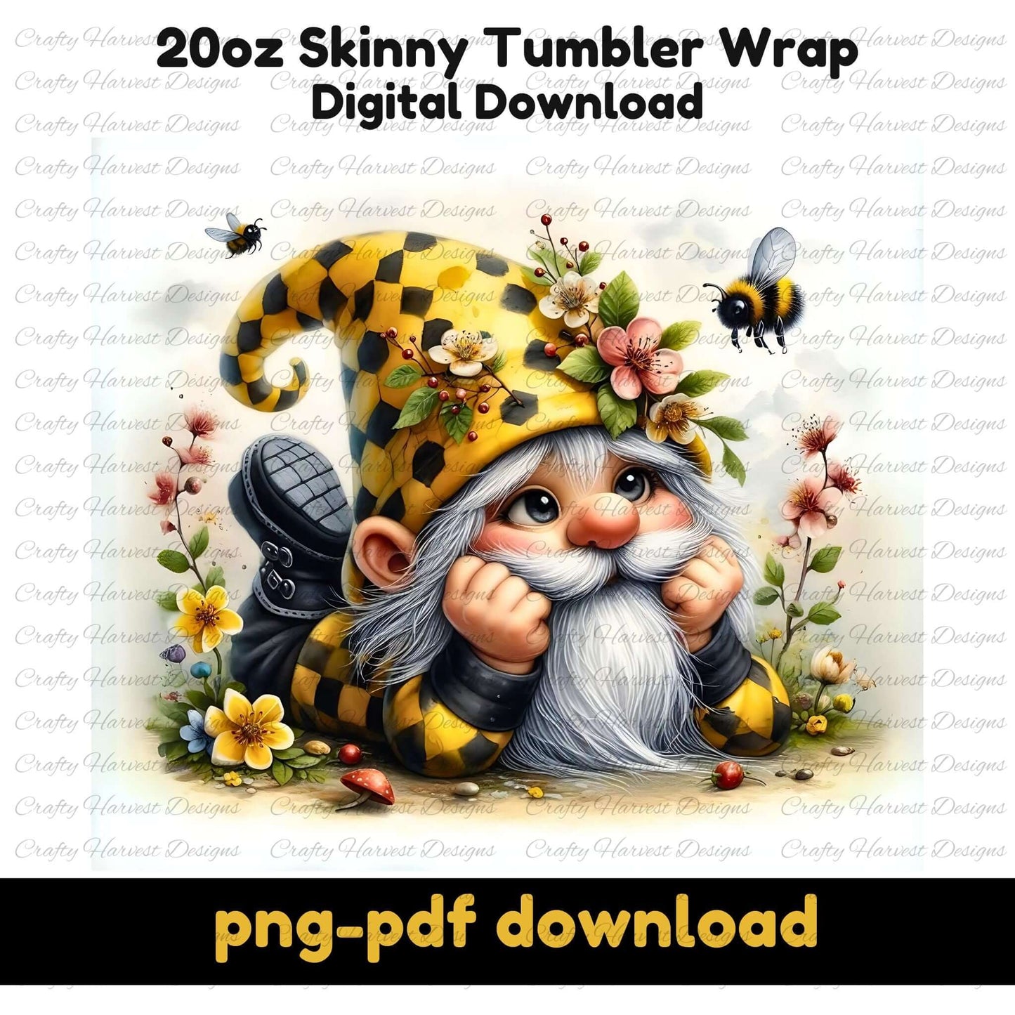 20oz skinny tumbler wrap design featuring a charming bee gnome with a yellow checkered hat, flowers, and bees. Includes ‘png-pdf download’ text.