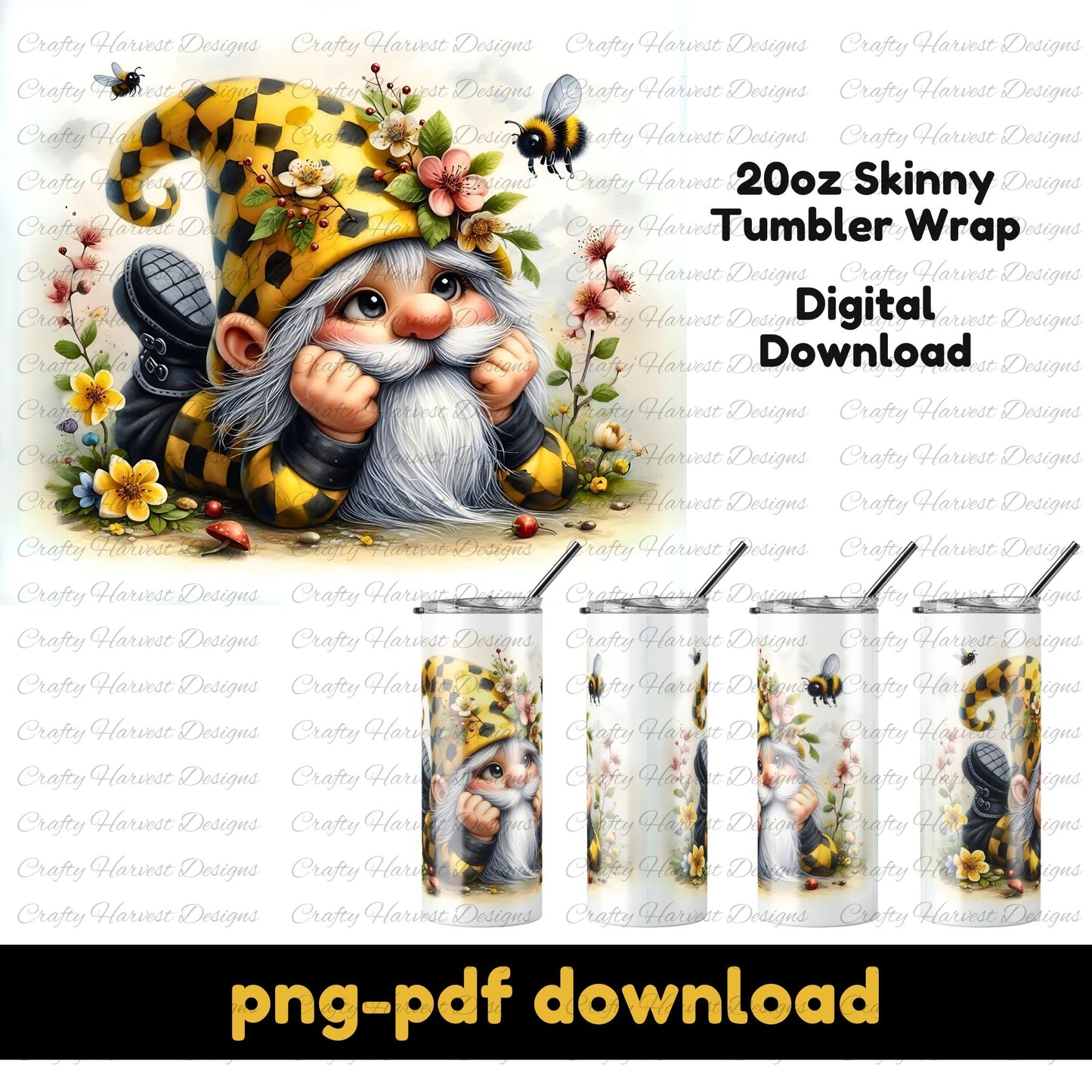20oz skinny tumbler wrap featuring an adorable bee gnome wearing a yellow checkered hat, surrounded by flowers and bees. Includes a ‘png-pdf download’ label.