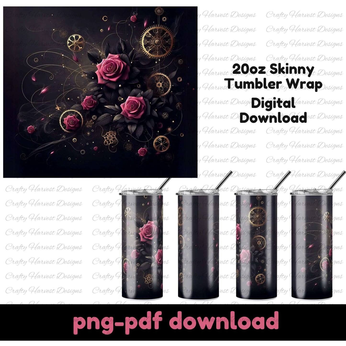 Steampunk Rose Tumbler Wrap | 20oz Skinny Tumbler PNG