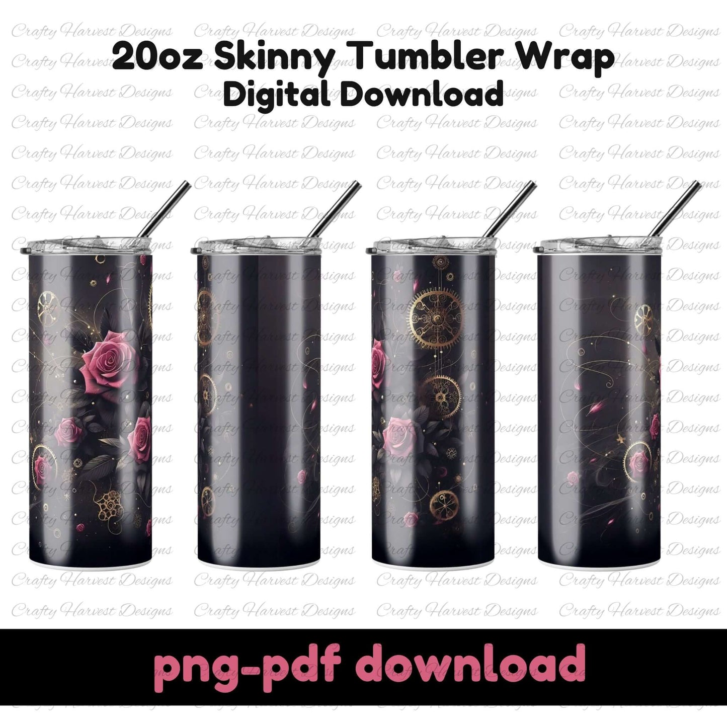 Steampunk rose tumbler wrap digital download. Features deep pink roses, gold gears, and swirling accents on a dark background. Includes PNG and PDF formats for 20oz skinny tumblers.