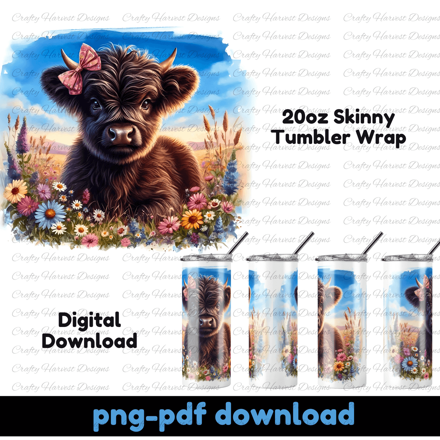 Adorable Highland Cow 20oz Skinny Tumbler Wrap – Digital Download