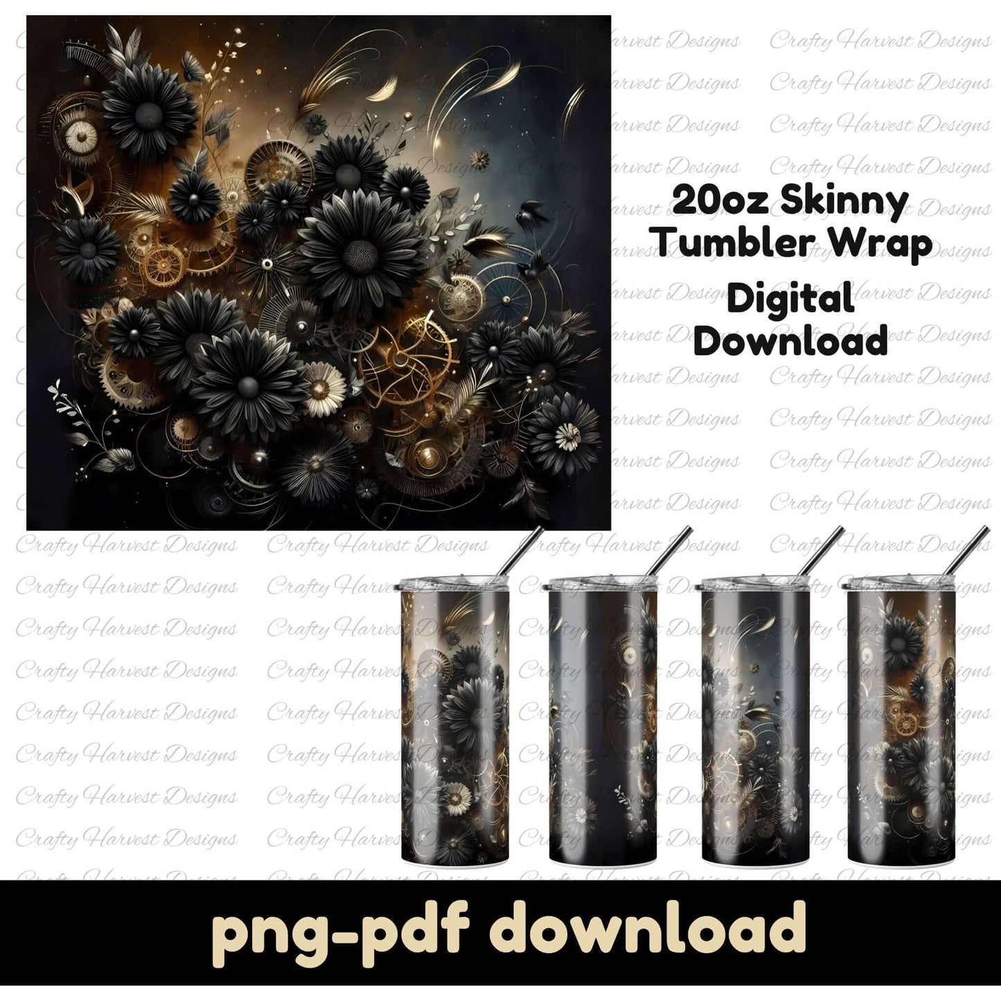 Black and gold steampunk floral tumbler wrap for 20oz skinny tumblers. Digital download includes PNG and PDF formats. Design features intricate gears, black flowers, and metallic accents for a unique aesthetic.