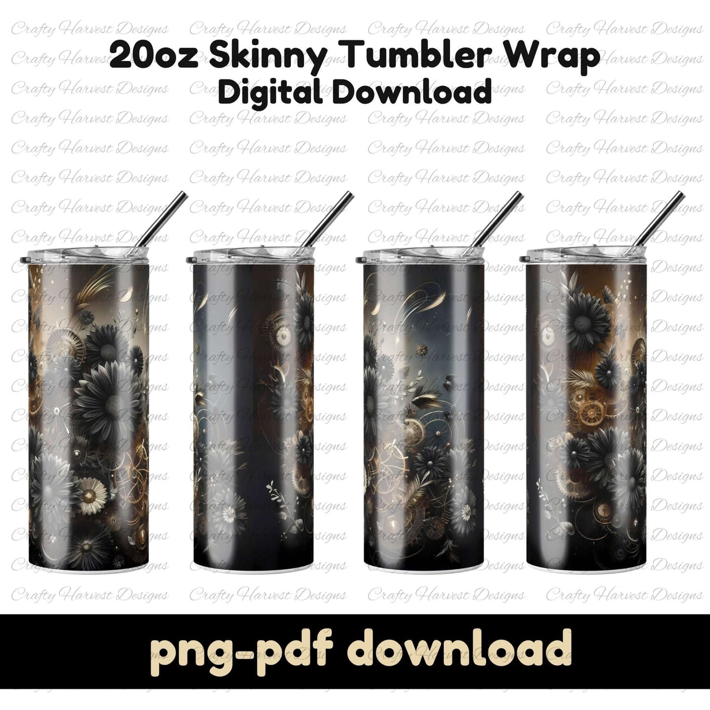 Black and gold steampunk floral tumbler wrap for 20oz skinny tumblers. Digital download includes PNG and PDF formats. The design features intricate gears, black flowers, and metallic accents, creating a sophisticated and edgy aesthetic.