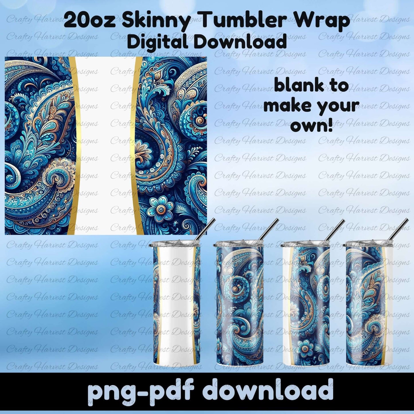 Blue paisley blank tumbler wrap, 20oz skinny sublimation design”