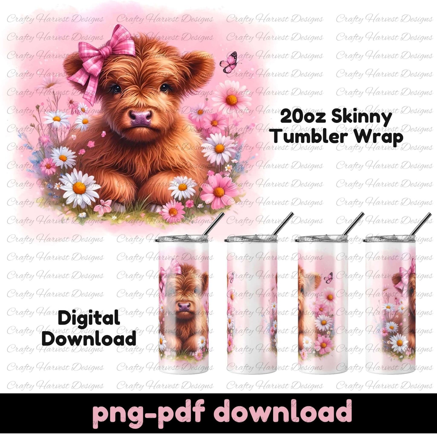 Highland Cow & Wildflowers 20oz Tumbler Wrap | Digital Download