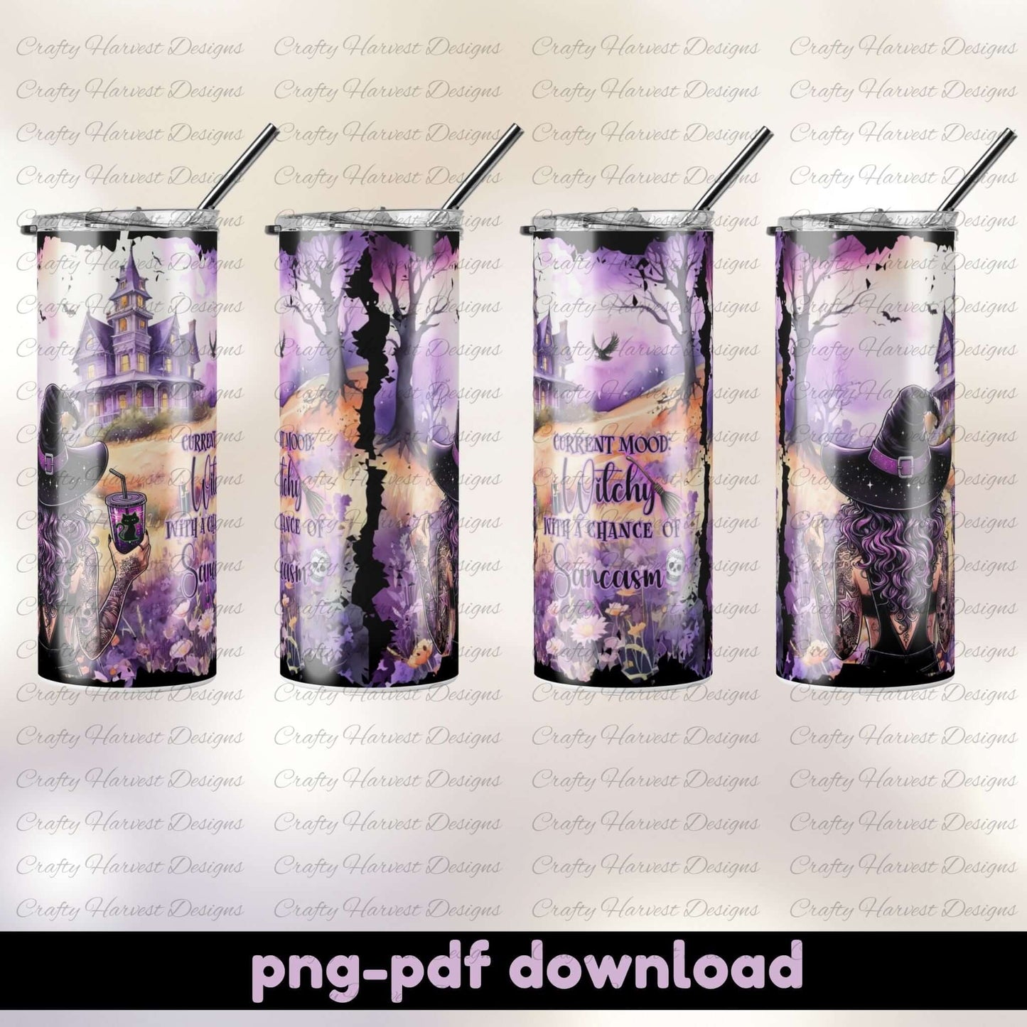 Four tumblers with purple designs and straws on a white background, featuring text and images.