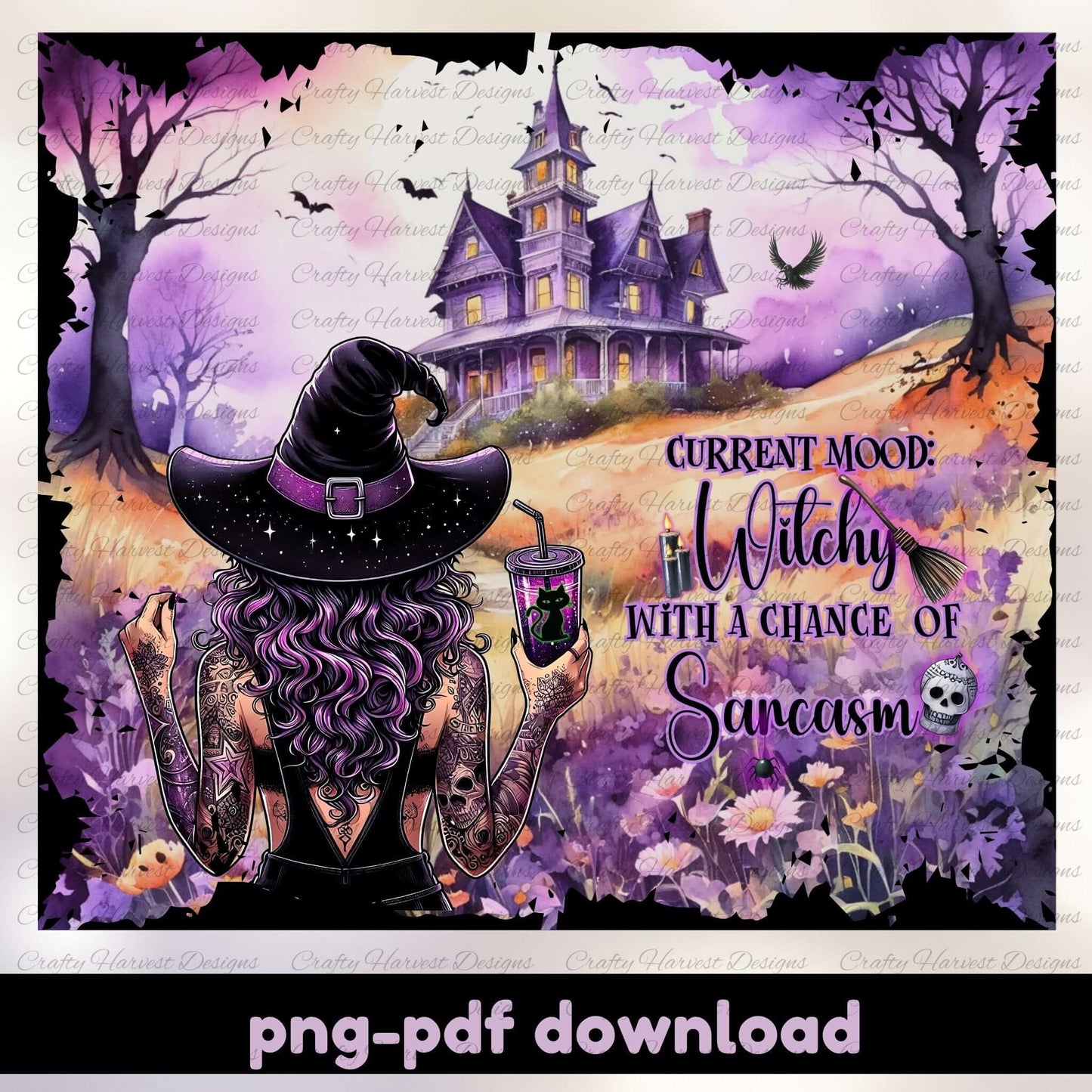 Witchy-themed design with a haunted house and purple accents, featuring text 'Current Mood: Witchy with a Chance of Sarcasm'.