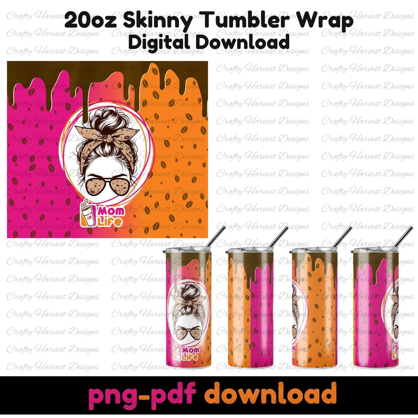 Single tumbler wrap design in Dunkin’ style colors with leopard print and messy bun graphic