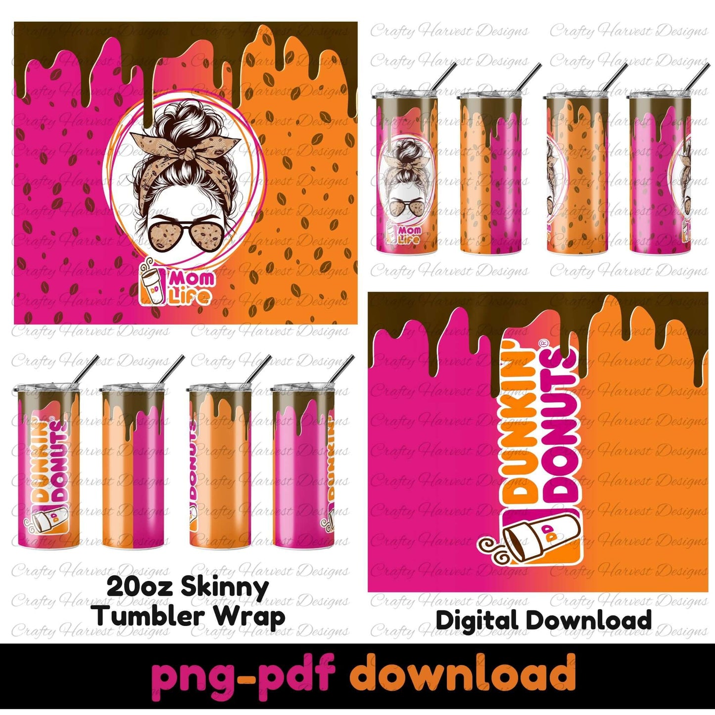 Dunkin’ inspired tumbler wrap bundle featuring Mom Life theme with pink and orange designs