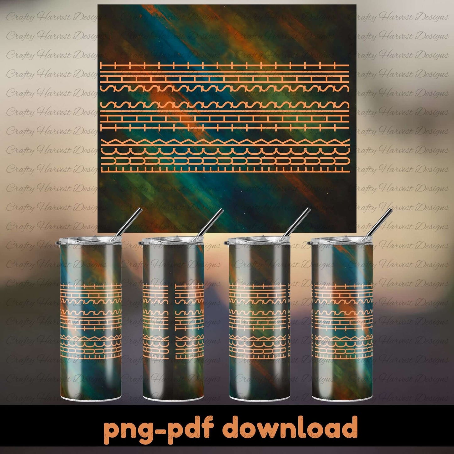 Four tumblers with a geometric pattern and a painting in the background, featuring 'Crafty Harvest Designs' branding.