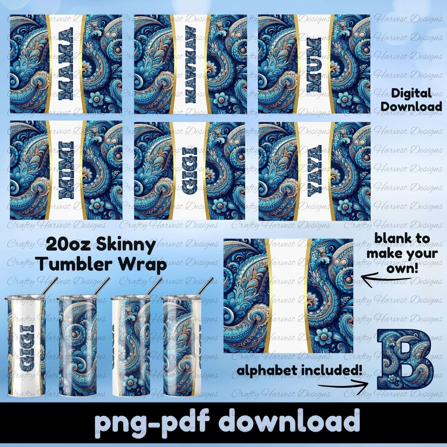Blue paisley family tumbler wrap bundle preview image for 20oz sublimation tumblers