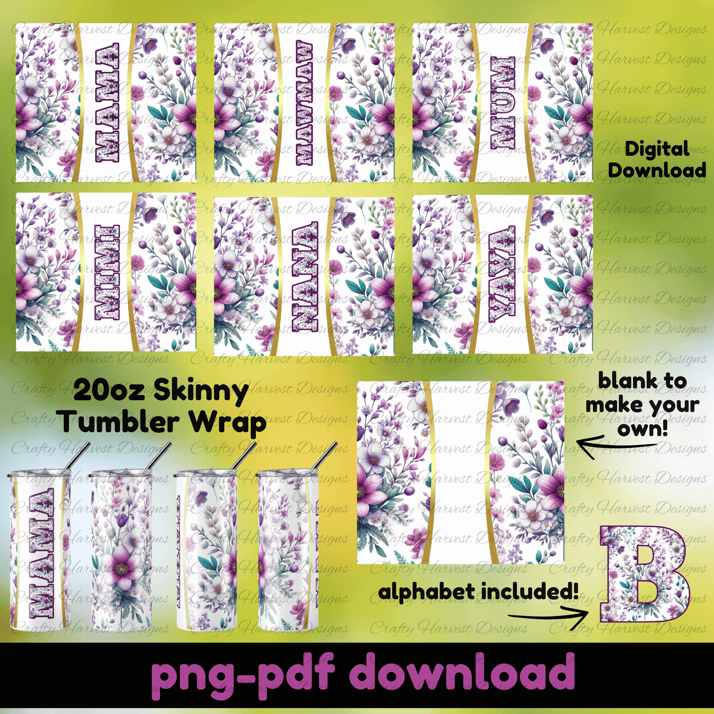 Floral family tumbler wrap bundle preview with green background, 20oz skinny sublimation design