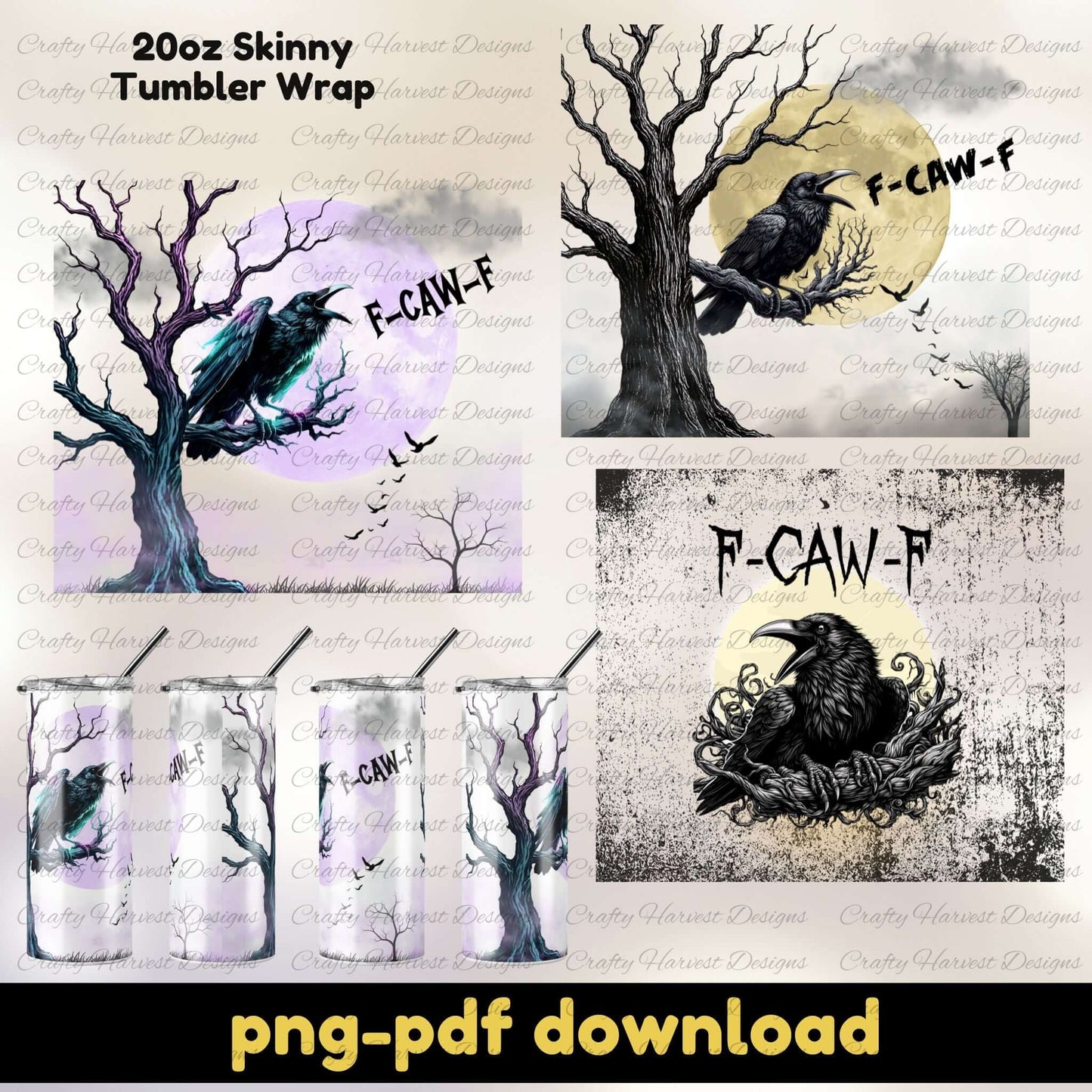 Collage of tumbler wrap designs with crows and trees, featuring the text 'F-CAW-F'.
