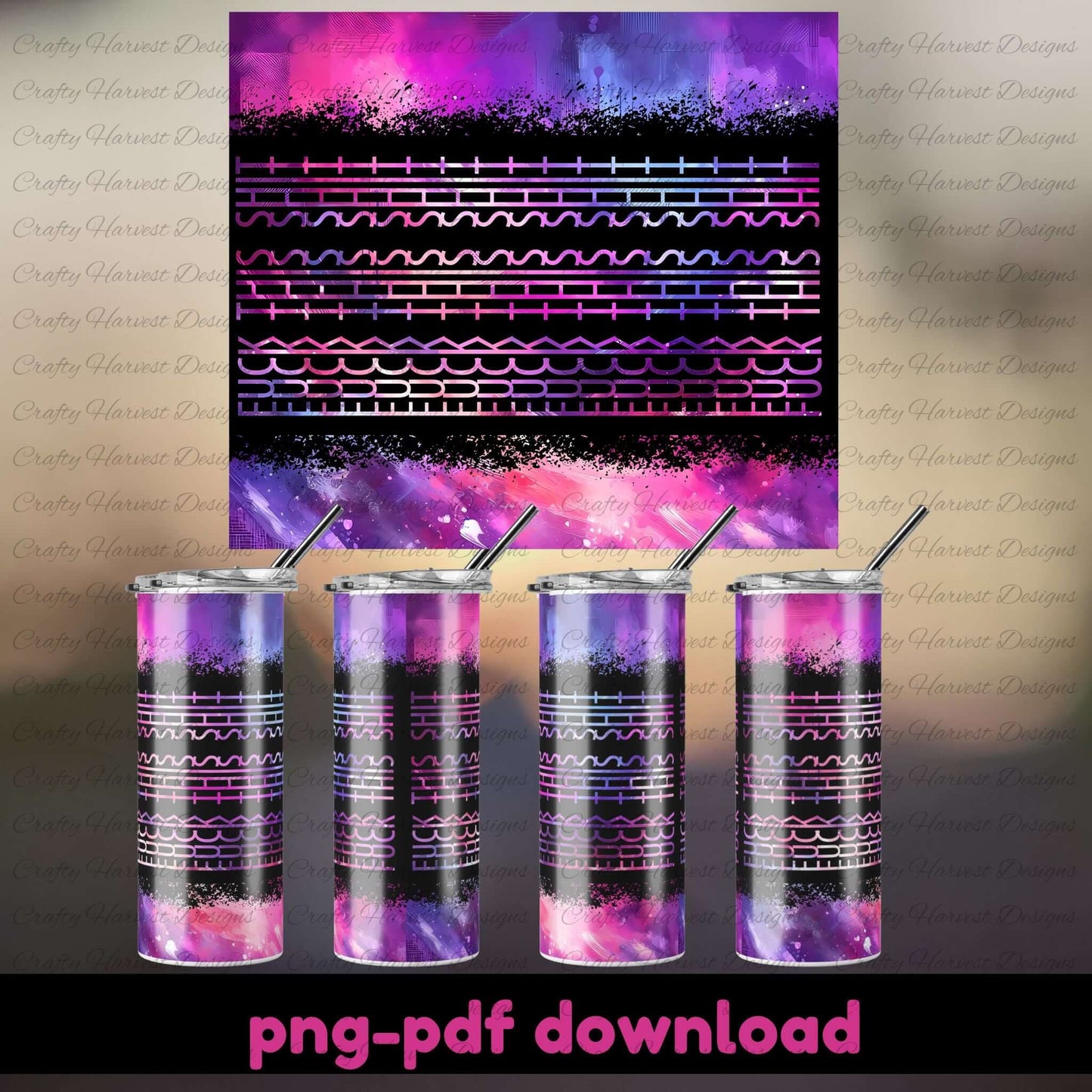 Set of four tumblers with purple and black designs and straws, on a matching background.