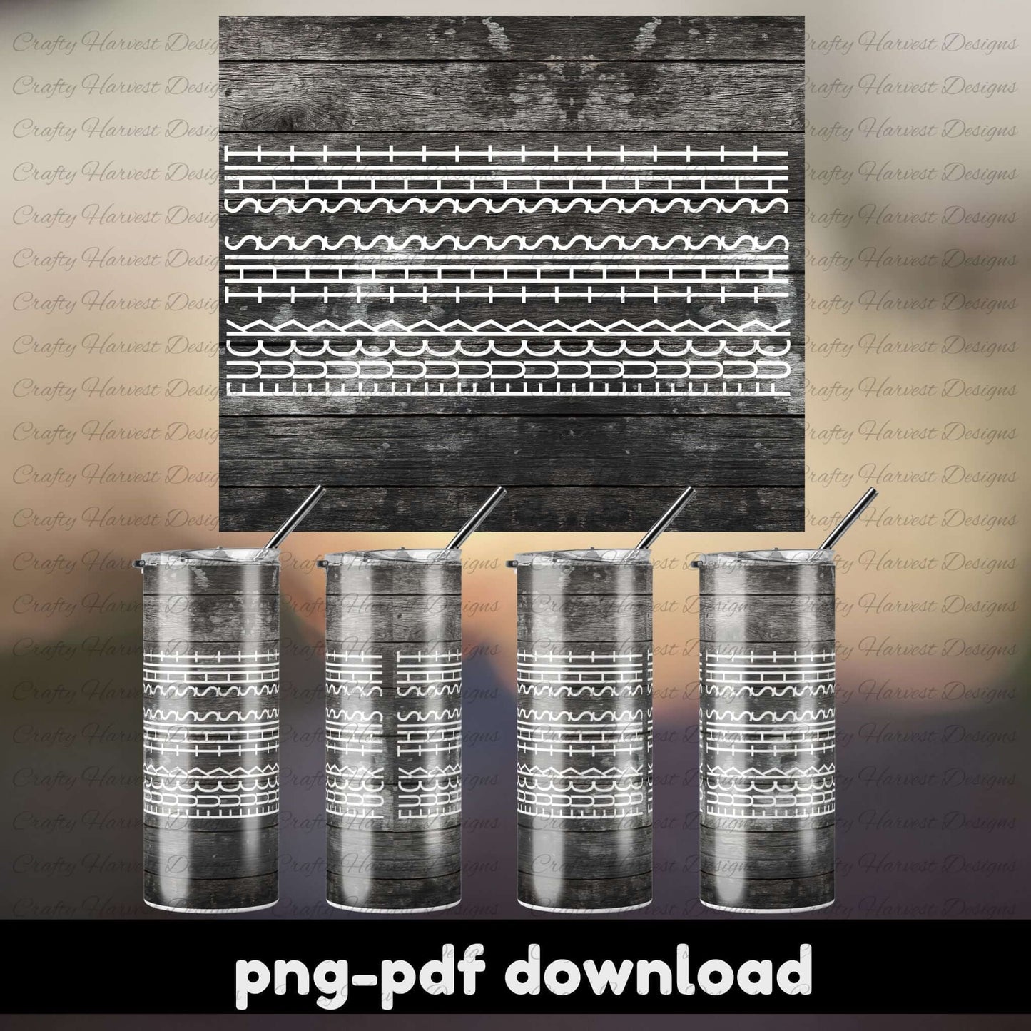Metallic tumbler design with wavy pattern on a wooden background, suitable for print download.