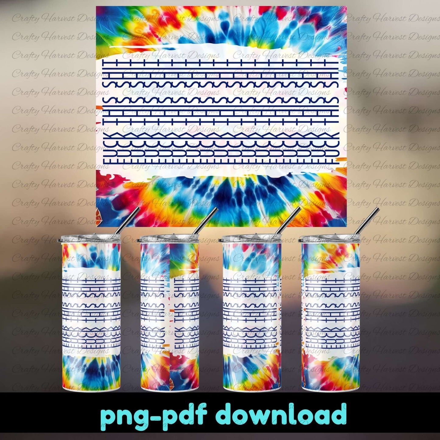 Tie-dye patterned tumbler with wavy line design and 'Crafty Harvest Designs' branding.