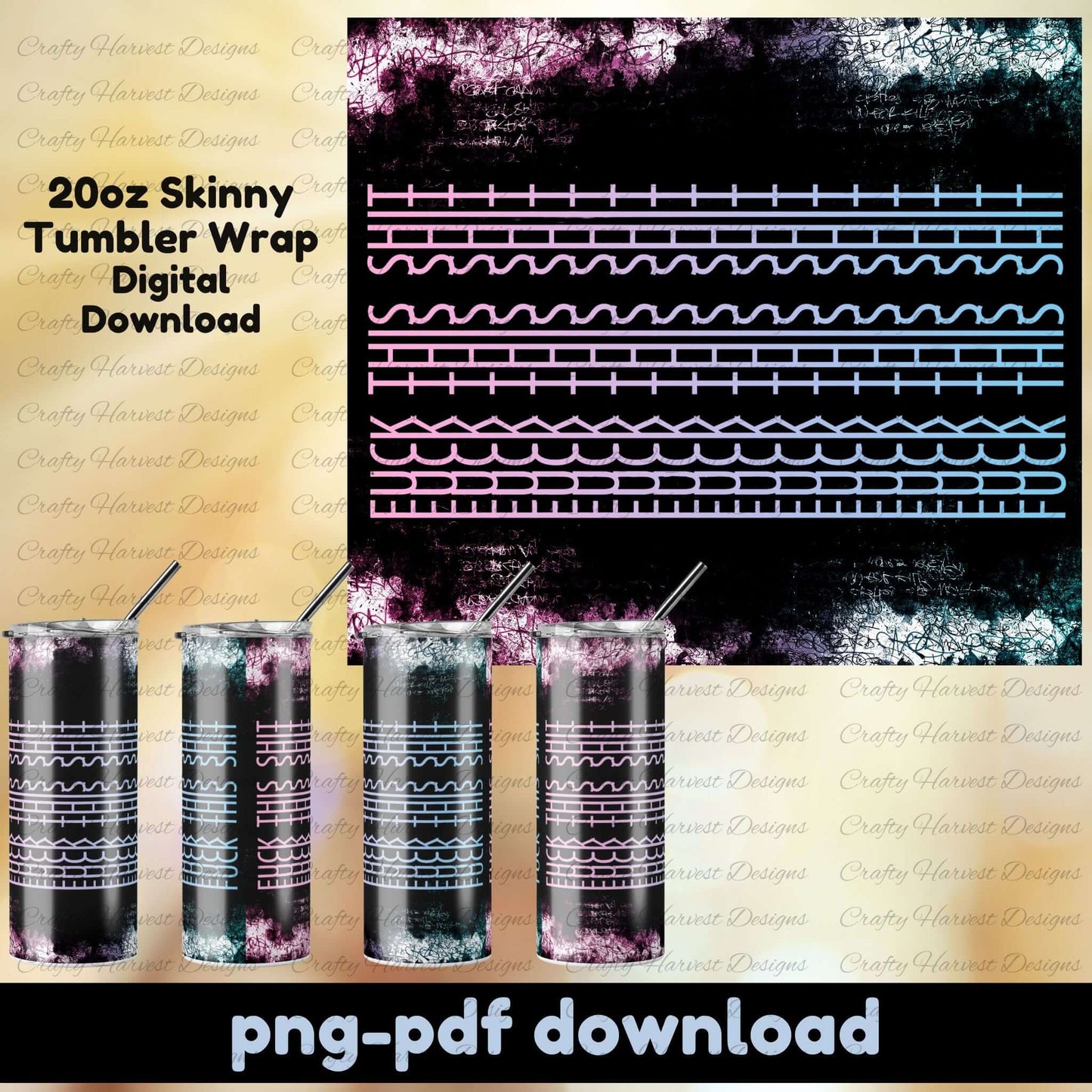 Grunge-style 20oz skinny tumbler wrap with a black background and neon pink-to-blue gradient linework. The hidden message “Fck This Sht” becomes visible when the tumbler is rotated. Includes wrap preview and four tumbler mockups showing the design from multiple angles. PNG and PDF download.