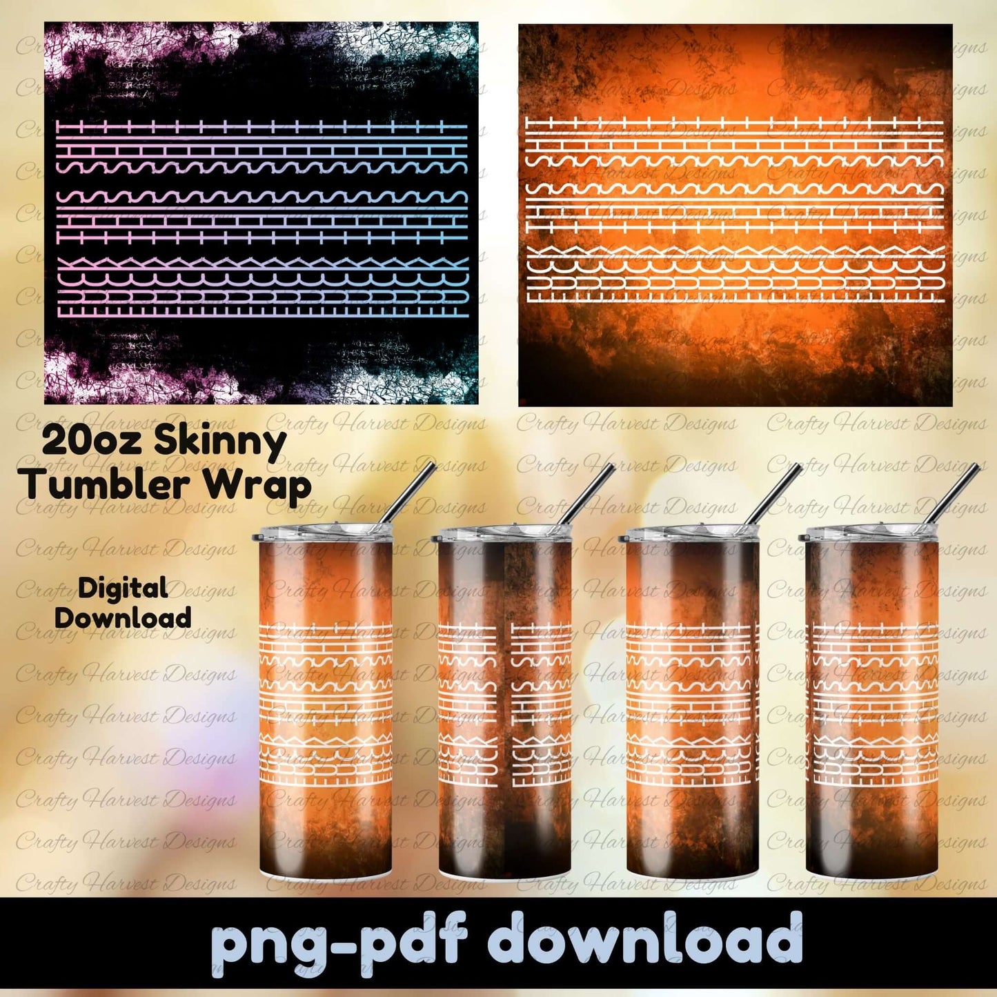 Two 20oz skinny tumbler wrap designs shown with bold grunge backgrounds—one in black and neon blue-pink, the other in burnt orange. Both wraps reveal the hidden message “Fck This Sht” when rotated. Includes digital previews of tumblers from different angles. PNG and PDF formats.