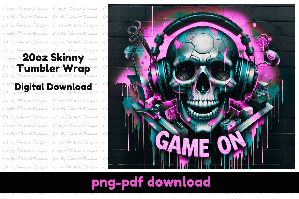 Game On Skull 20oz Tumbler Wrap | Gamer Sublimation Digital Download