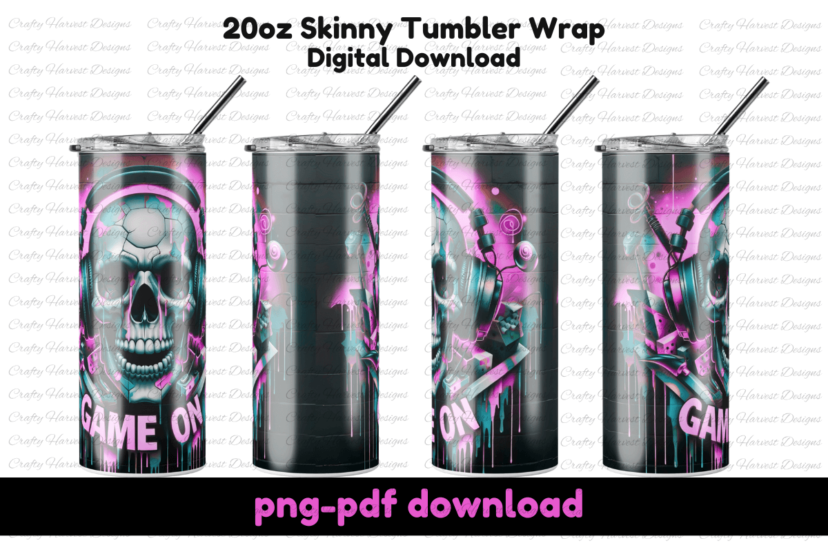 Game On Skull 20oz Tumbler Wrap | Gamer Sublimation Digital Download