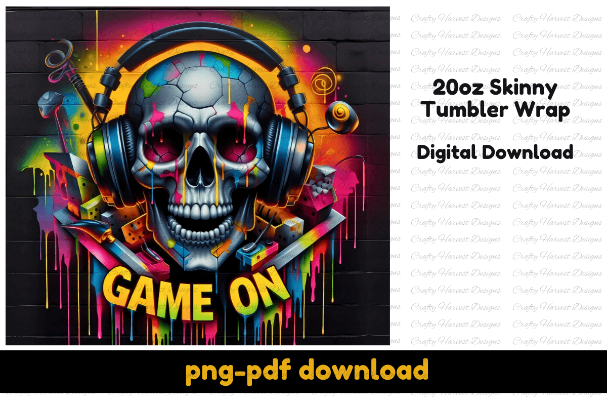 Game On Skull 20oz Tumbler Wrap | Gamer Sublimation Digital Download